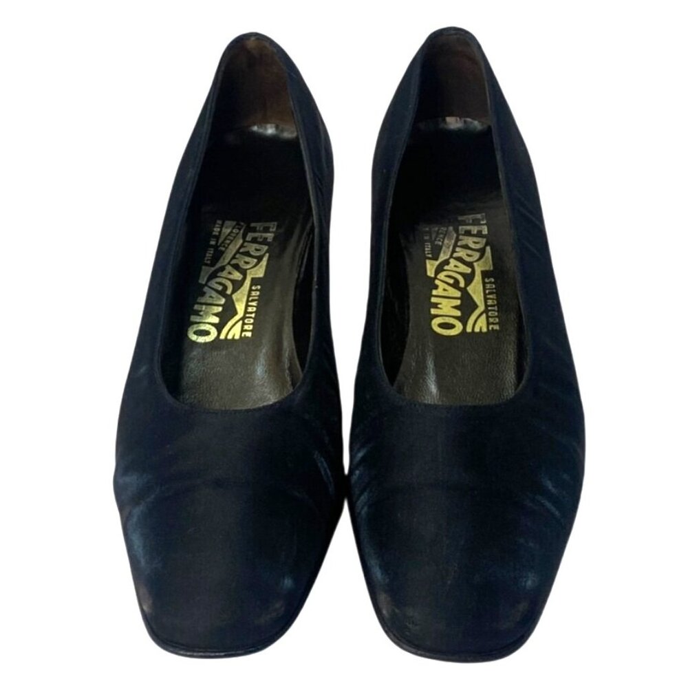 Salvatore Ferragamo Vintage Black Satin Crystal Embellished Block Heel Pumps 7 - Picture 2 of 9
